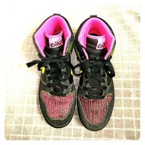 Nike hi-tops, size 10 women's. Black, pink, yellow
